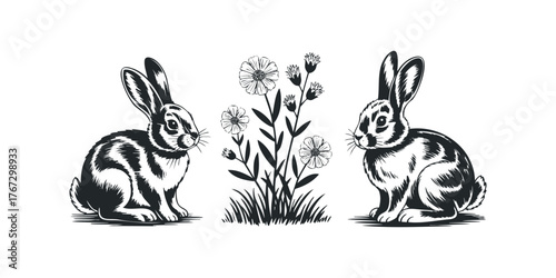 Two rabbits and wildflowers