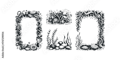 Collection of three black and white decorative frames with marine life elements