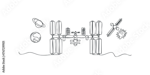 Space Station Orbiting Planet and Satellite Line Drawing