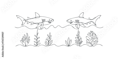 Two sharks swimming above underwater plants