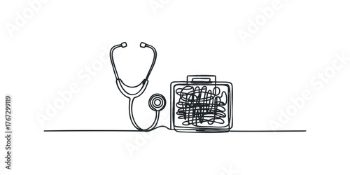 Stethoscope and tangled medical bag line art