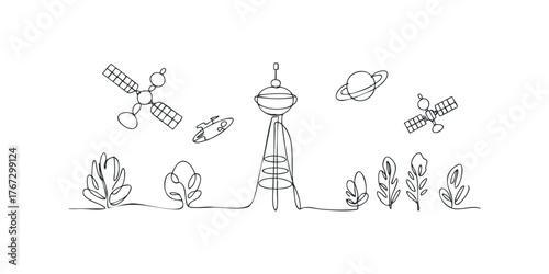 Continuous line drawing of space objects and plants