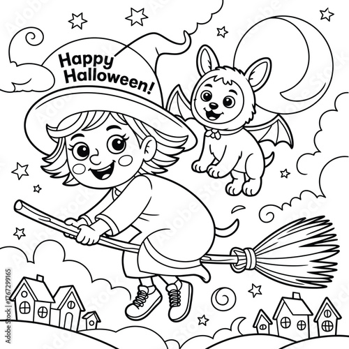 Happy halloween illustration vector eps scalable witch and dog costume flying broomstick night sky houses festive decorative silhouette vector illustration white background