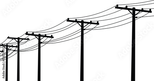 Utility pole silhouette vector, power lines illustration, electrical infrastructure, linear perspective, transmission towers, black and white, minimal energy concept, distance depth
