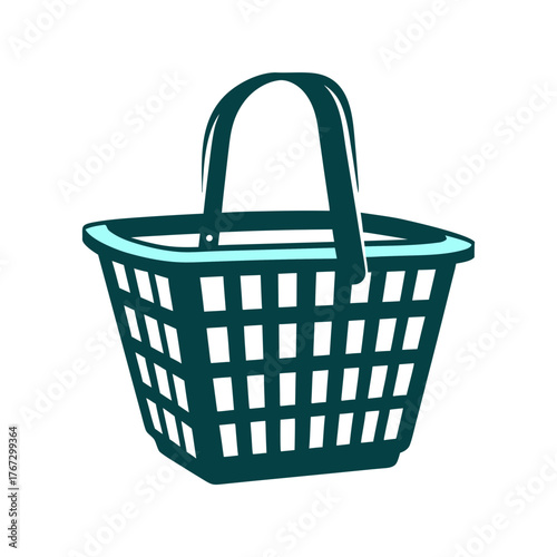 Green Shopping Basket Icon, Minimalist Design A green shopping basket with an open weave pattern appears simplified
