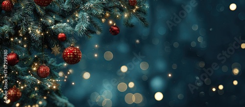 Christmas tree branches with red ornaments and golden lights against a teal-blue bokeh background