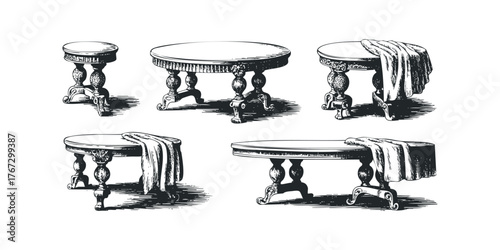 Ornate antique table collection sketch with draped fabric