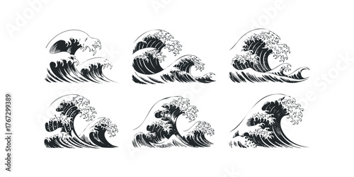Six stylized depictions of crashing ocean waves