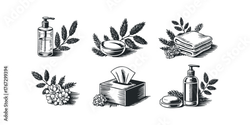 Collection of Hand-Drawn Spa and Hygiene Items