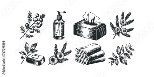 Engraved Botanical Elements and Spa Objects Collection