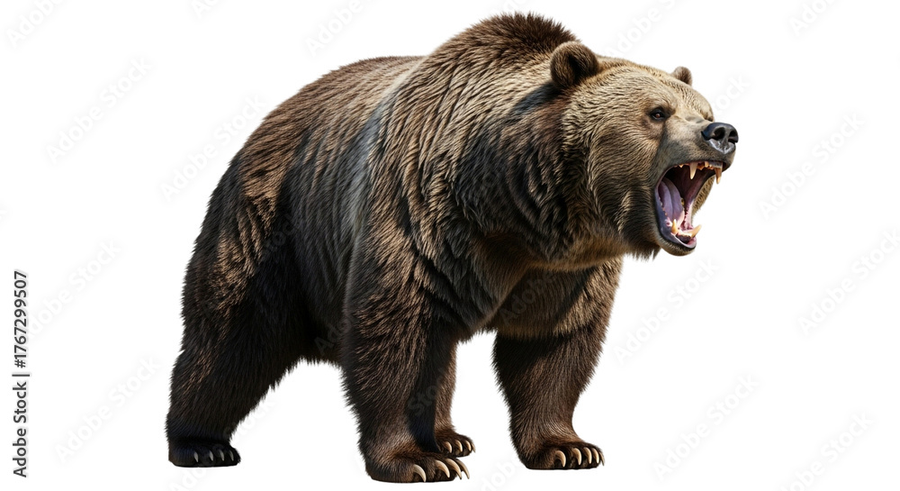 Fototapeta premium A large brown bear roars fiercely, isolated on transparent background, showing its teeth in a display of aggression