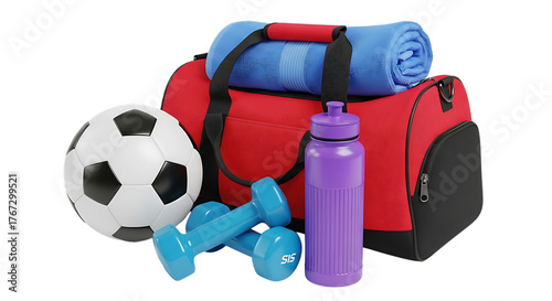 Gym accessories isolated on transparent background for fitness and workout, including bag, towel, bottle, dumbbells and soccer ball