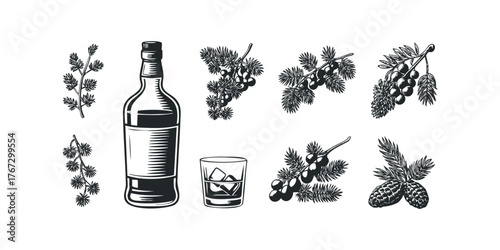 Alcohol bottle and glass with pine branches and pinecones
