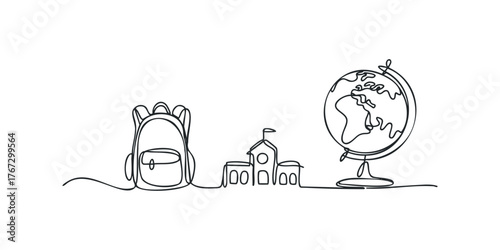 School building backpack and globe drawn with continuous line
