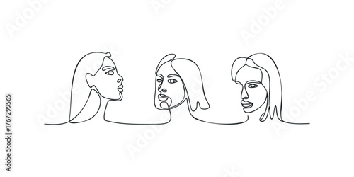 Three continuous line portraits of diverse women in profile