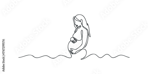 Continuous line drawing of a pregnant woman cradling her belly