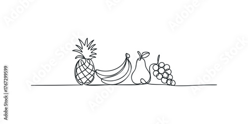 Line drawing of assorted fruits on a plain background