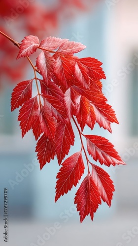 Macro Artistic Photo of Red Autumn Leaves with Subtle Frost Details on Branch Against Soft Blue Blurred Background