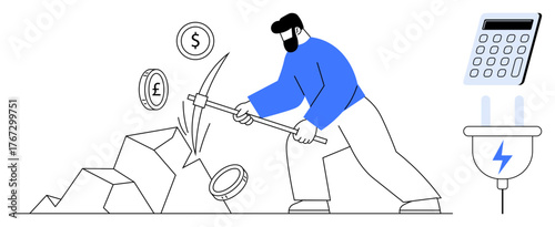 Man striking rocks with a pickaxe as digital currency symbols emerge, a calculator and electric plug nearby. Ideal for cryptocurrency, mining, economics, sustainability, innovation, wealth