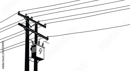 Utility pole silhouette with transformer, electric power distribution vector, infrastructure illustration, energy grid system, editable black icon for engineering reference