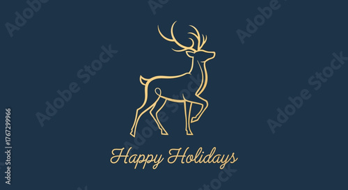 Elegant golden reindeer silhouette with "Happy Holidays" text on deep blue background perfect for festive greetings and seasonal promotions