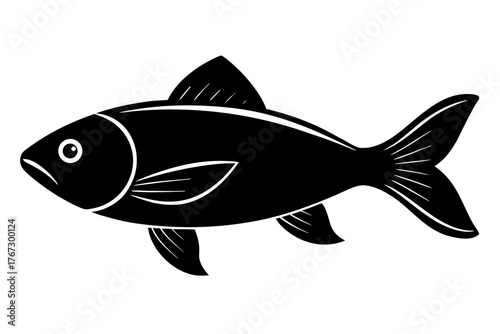 A simple black silhouette of a fish with fins and a tail isolated on a white background representing aquatic life and nature silhouette