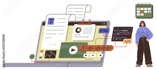 Laptop screen with code, HTML, multimedia, documents, calendar, person observing progress. Ideal for web design, content creation, productivity team collaboration education technology workflow