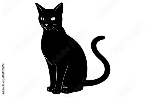 A sleek black cat sits attentively with bright eyes and a curled tail presented in a bold graphic silhouette style on a clean white background