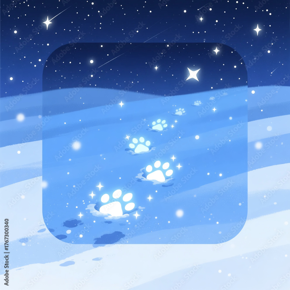 Naklejka premium 하얀 눈길 속 고양이의 발자국