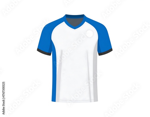 A white and blue athletic tee-shirt, V-neck, isolated on white