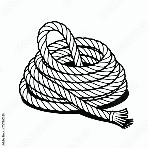 Black and white scalable vector illustration of a coiled rope with a frayed end silhouette vector illustration white background