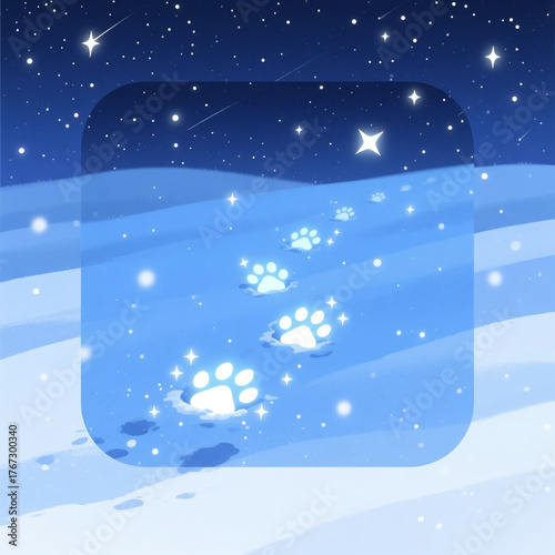 하얀 눈길 속 고양이의 발자국