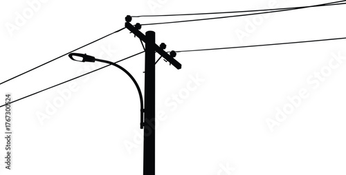 Utility pole silhouette, power lines, streetlight arm, electricity infrastructure, urban energy distribution, electric grid system, vector illustration, public lighting concept