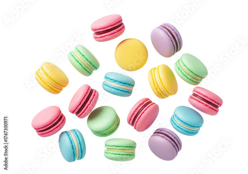 Wallpaper Mural Vibrant French Macarons Scattered. Colorful Pastel Delicacies Floating on White Background for Sweet Dessert, Bakery, and Celebration. Torontodigital.ca