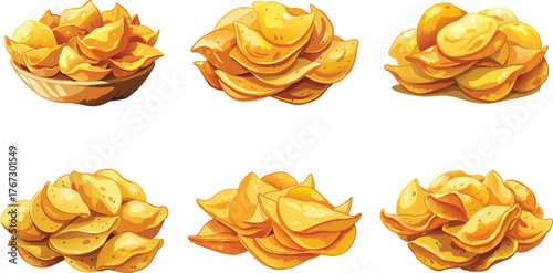 A variety of piles of crispy and delicious fried tortilla chips illustration