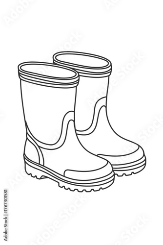 Black and white line art illustration of a pair of rubber boots scalable vector graphic for versatile use silhouette