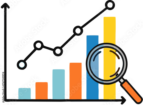 Analyzing business growth with magnifying glass on rising bar chart and line graph