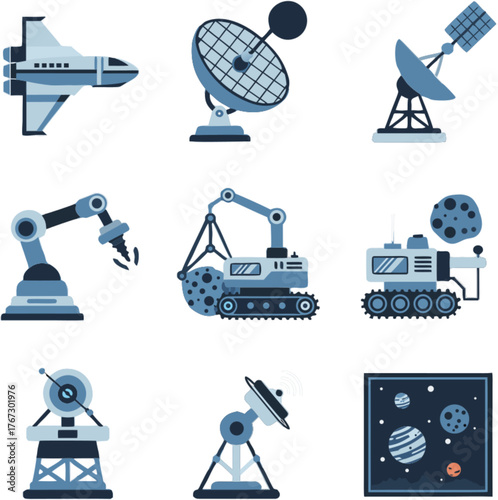 Explore the cosmos with futuristic spacecraft and advanced space technology icons