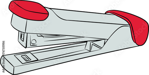 Cartoon stapler vector, red and gray office stapler illustration, stationery tool clipart, desktop accessory drawing, paper stapling device graphic