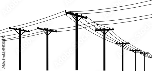 Utility poles in perspective, power line infrastructure, electrical grid illustration, overhead cables tension, rural energy distribution, silhouette vector, telecommunications network design