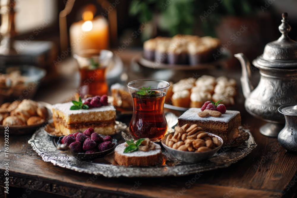 Naklejka premium Cultural party celebrating happiness with food in a cozy setting traditional feast atmosphere