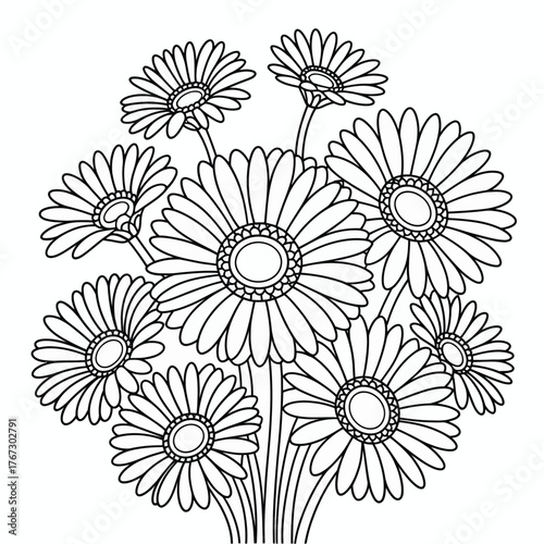 Scalable vector line art illustration of a daisy bouquet eps for declarative design projects silhouette