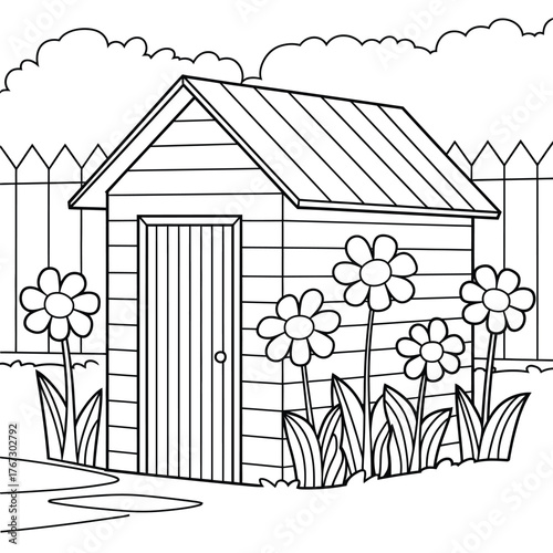Scalable line art vector illustration of a charming garden shed surrounded by blooming flowers and a picket fence silhouette vector illustration white background