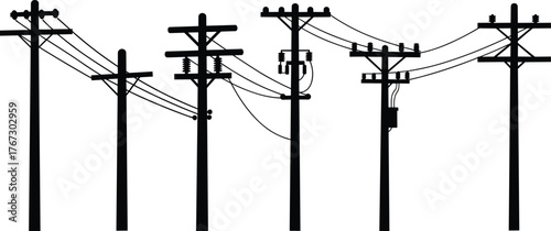 Utility poles vector illustration, electrical infrastructure silhouettes, power line distribution, transformer equipment, energy transmission system, urban and rural electricity network concept