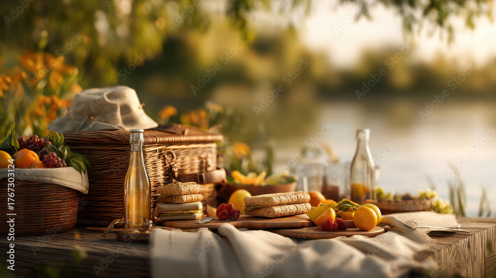 Fototapeta premium Cultural food party celebrating happiness by the riverside picnic setup natural setting vibrant mood