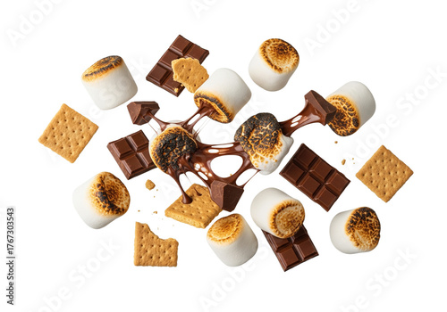 Deconstructed S'mores Ingredients with Toasted Marshmallows, Melting Chocolate, and Graham Crackers on White Background