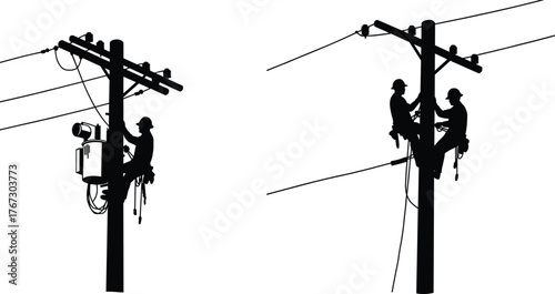 Utility workers on power poles, electrical maintenance teamwork, safety harness gear, linemen silhouette, high voltage infrastructure, energy service, industrial job illustration