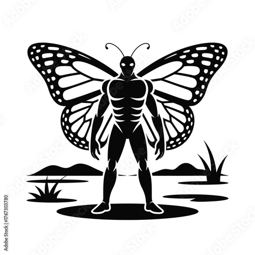 Bold modern black and white vector illustration of a humanoid butterfly creature with large wings in a landscape silhouette vector illustration white background