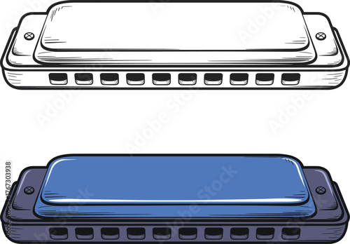 Harmonica clipart illustration, detailed harmonica drawing, music instrument vector art, blue harmonica design, vintage blues music coloring image