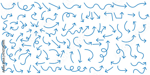 Hand drawn arrows icon set. Sketch curved arrows design. Arrow handmade. Doodle arrows of varios shapes and directions. Pointer and cursor icons.